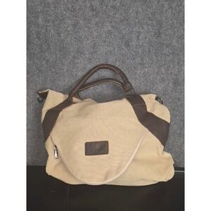VTG Beige Canvas and Brown Faux Leather Hobo Tote Bag with Multiple Pockets